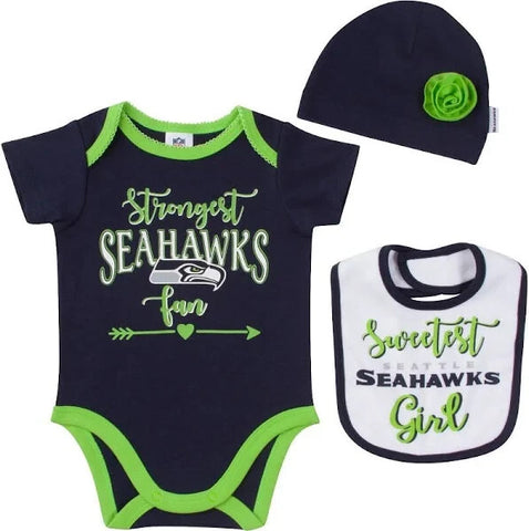 NFL Seattle Seahawks Sweetest Girl Fan  Bodysuit Cap Bib Set Size 0-3 M Gerber