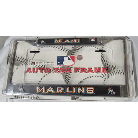 MLB Miami Marlins Chrome License Plate Frame Thick Letters On Black