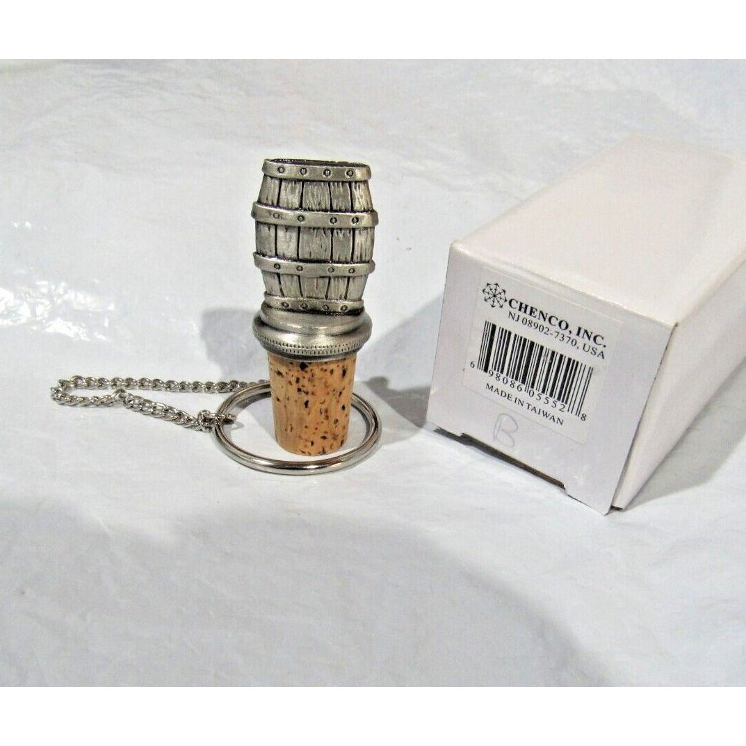Solid Pewter Barrel w/Cork Wine Bottle Stopper w/Chain & Ring by Chenco, Inc.