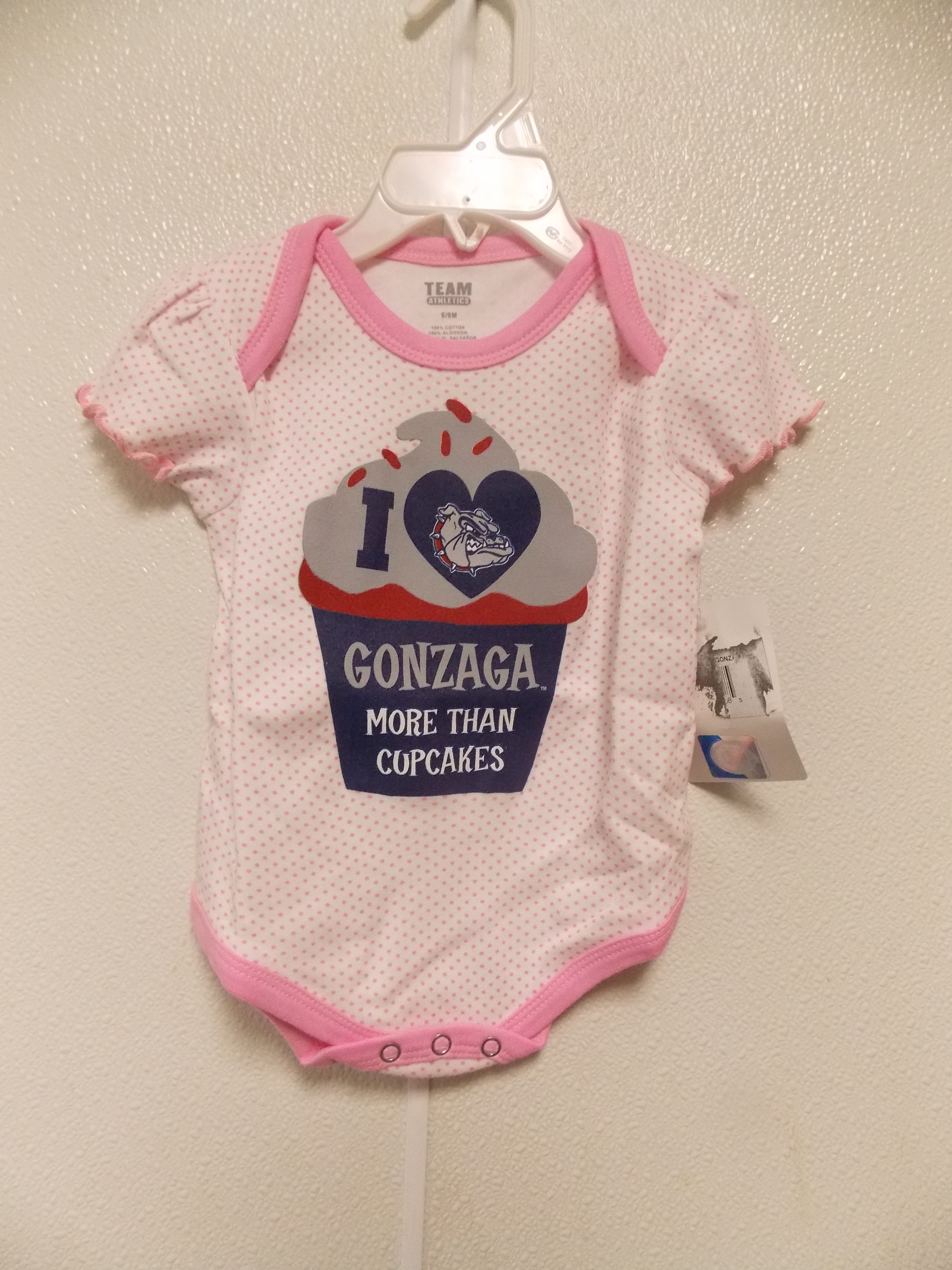 NCAA Gonzaga Bulldogs Pink Polka Dots on white Bodysuit Size 0/3 M Team Athletics