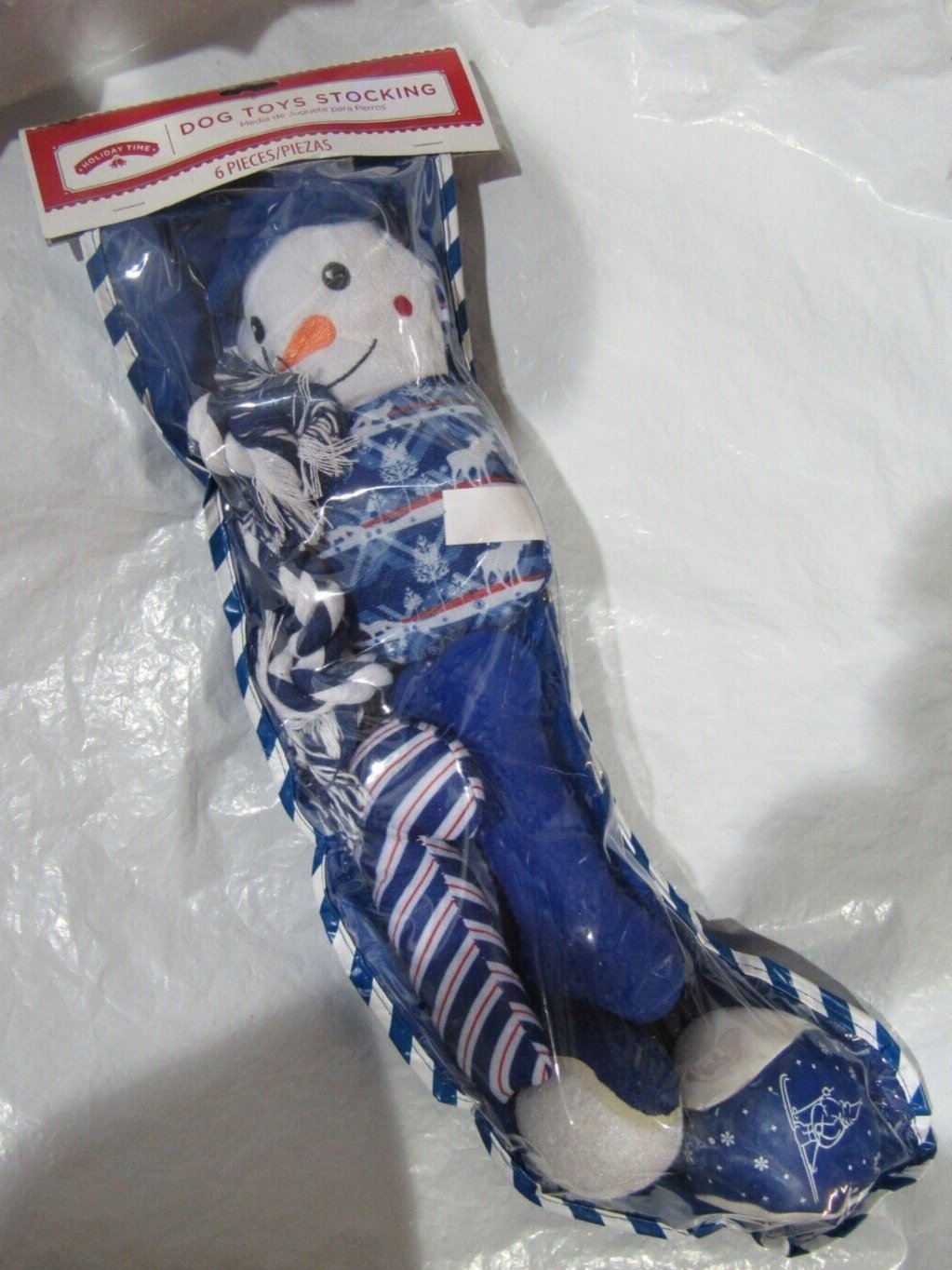 Dark Blue Dog Toy Stocking 2 Plush Toys 2 Balls 1 Rope 1 Squeak Toy Holiday Time