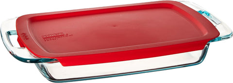 Pyrex Bake Pan Easy Grab 3-Quart Oblong Glass Baking Dish w/Lid Red NWT
