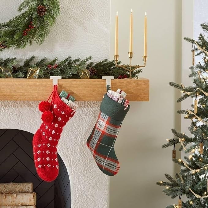 Christmas Stocking Plaid Knit Green Red Cream Hearth & Hand with Magnolia