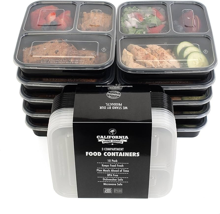 Food Storage Lunch Containers 3 Conpartments 32 oz Reusable Black 10 Count