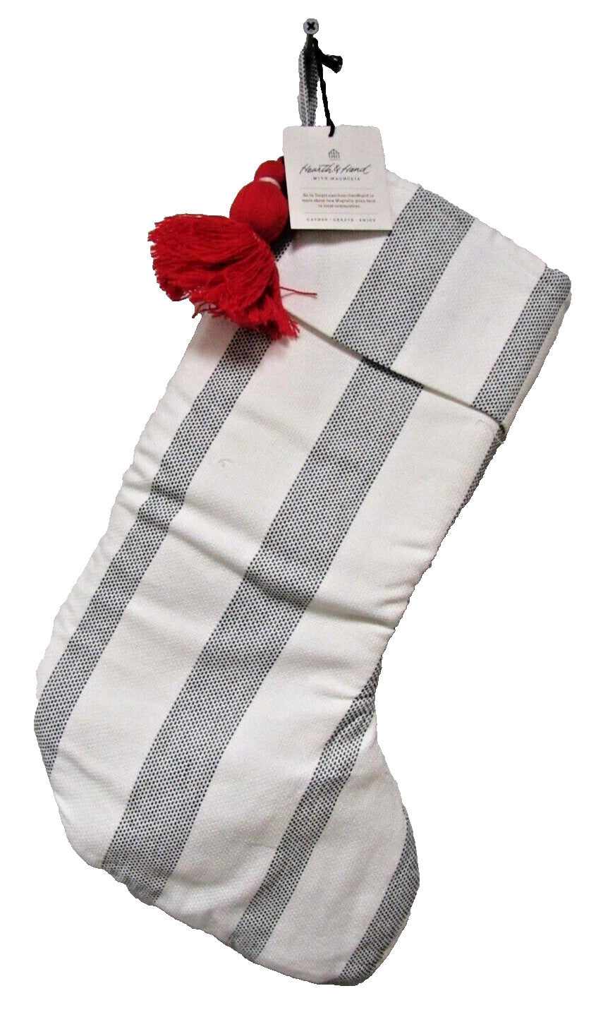 Christmas Stocking 18" White w/Black Stripes Cotton Red Tassel Hearth & Hand with Magnolia