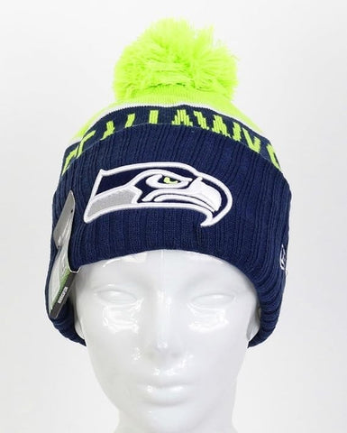 NWT NFL Green Name Seattle Seahawks Knit Beanie Hat Adult Pompom Blue White