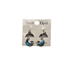Paua Shell Iridescent Blue Silver Tone Dangle Crescent Moon w/Star Post Earrings
