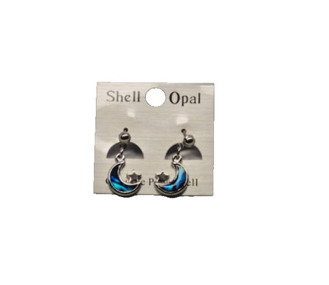 Paua Shell Iridescent Blue Silver Tone Dangle Crescent Moon w/Star Post Earrings