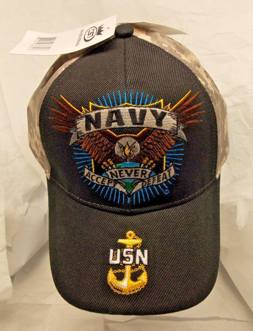 Navy Never Accept Defeat Freedom Fighter Black Hat Hook and Loop Closure by CSI