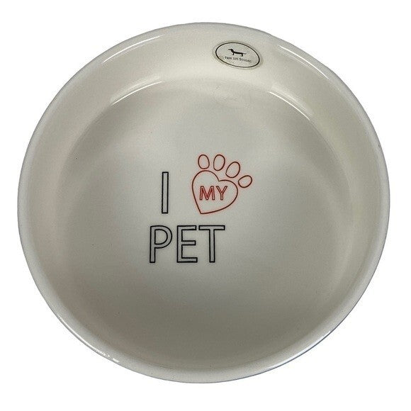 Park Life Designs Black Paw on Blue Prints 6.5" Pet Bowl "I Love My Pet" Inside