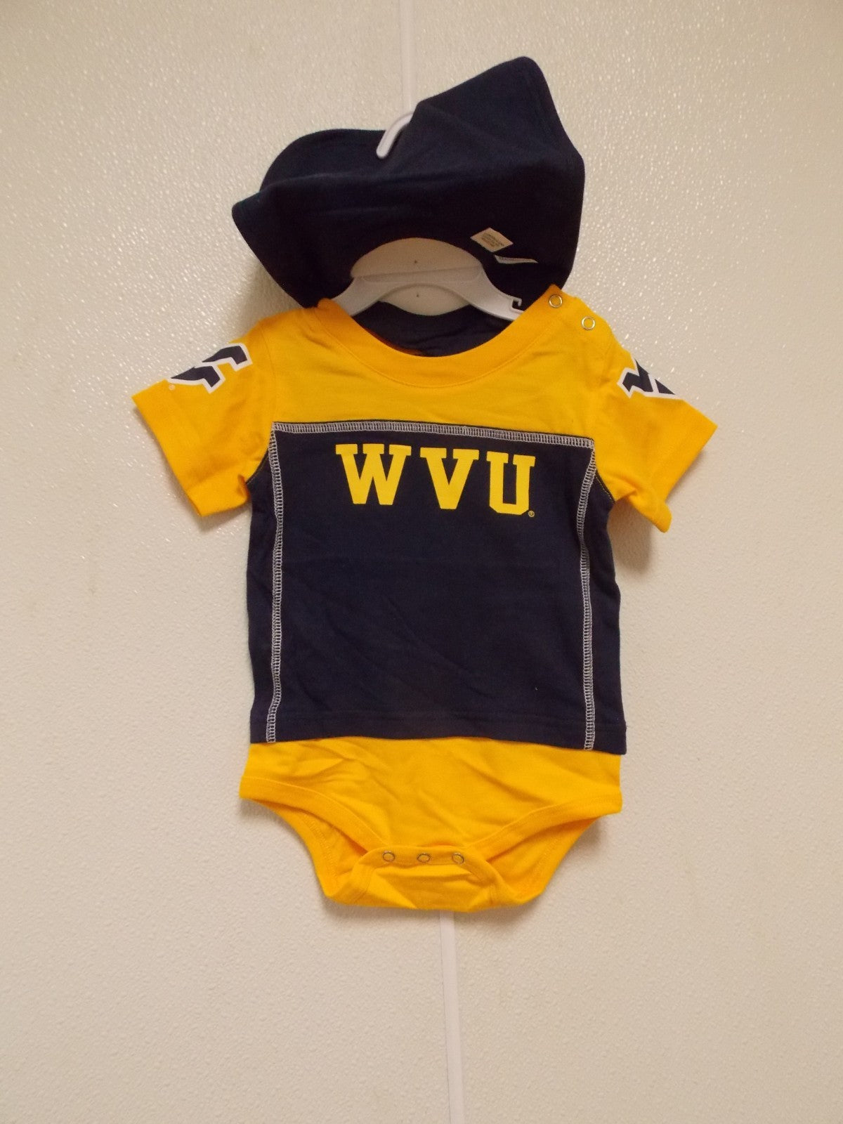 NCAA West Virginia Mountaineers Bodysuit Bib Bootie Set Sz 6/9 M by OUTER Stuff