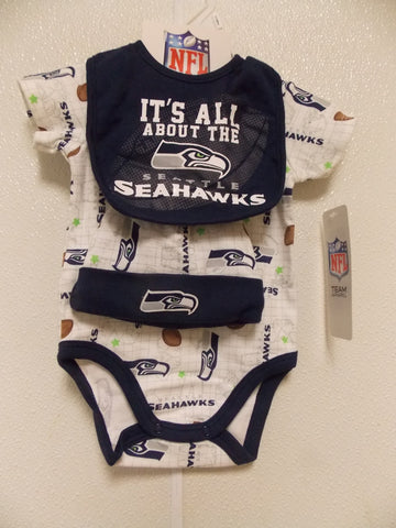 NFL It's All About the Seattle Seahawks Football Bodysuit Cap Bib Set Size 0-3 M