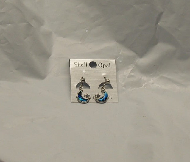 Paua Shell Iridescent Blue Silver Tone Dangle Crescent Moon w/Star Post Earrings