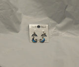 Paua Shell Iridescent Blue Silver Tone Dangle Crescent Moon w/Star Post Earrings