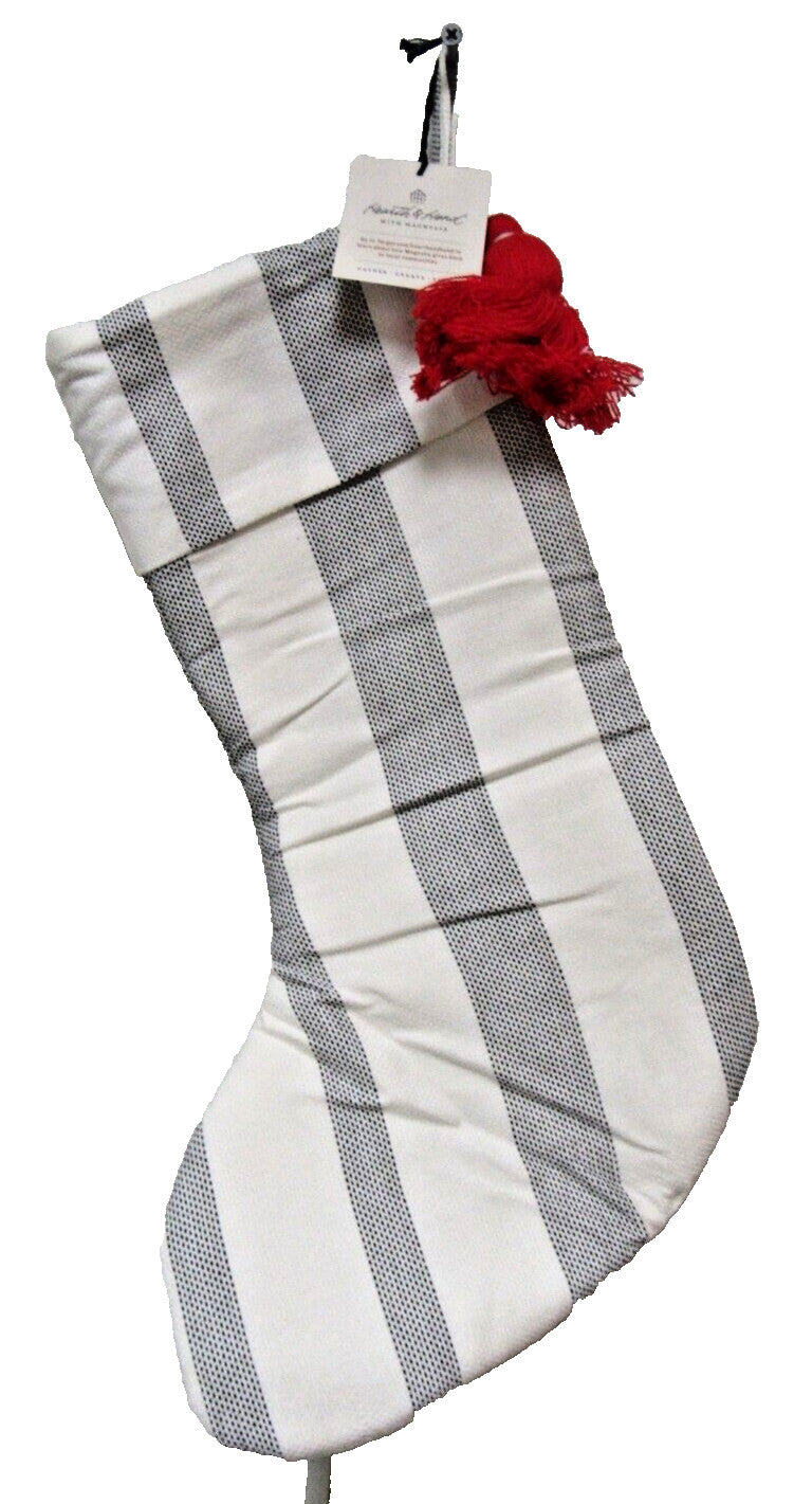 Christmas Stocking 18" White w/Black Stripes Cotton Red Tassel Hearth & Hand with Magnolia