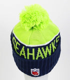 NWT NFL Green Name Seattle Seahawks Knit Beanie Hat Adult Pompom Blue White