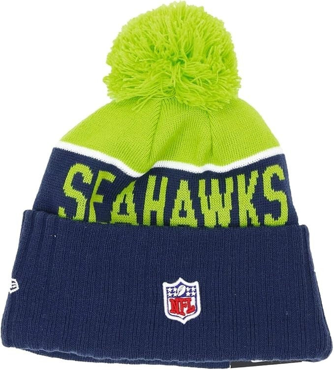 NWT NFL Green Name Seattle Seahawks Knit Beanie Hat Adult Pompom Blue White