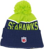NWT NFL Green Name Seattle Seahawks Knit Beanie Hat Adult Pompom Blue White