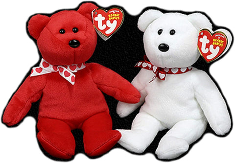 Set of 2 Ty Valentine's Day Beanie Babies Bear White Xavier & Red Amora 2018
