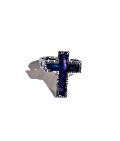 Paua Shell Iridescent Blue Silver Tone Cross Ring Sizable New