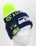 NWT NFL Green Name Seattle Seahawks Knit Beanie Hat Adult Pompom Blue White