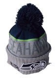 NFL Dark Gray Name Seattle Seahawks on Gray Knit Beanie Hat Adult Pompom Blue
