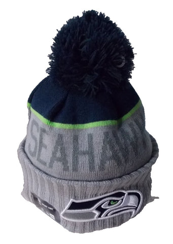 NFL Dark Gray Name Seattle Seahawks on Gray Knit Beanie Hat Adult Pompom Blue