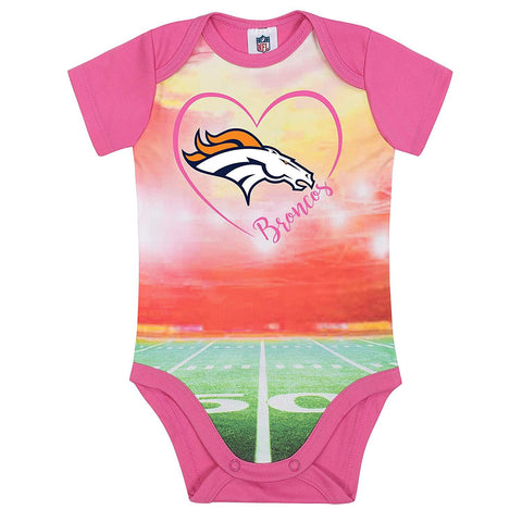 NFL Denver Broncos Logo in Pink Heart over Field Bodysuit by Gerber size 6 M