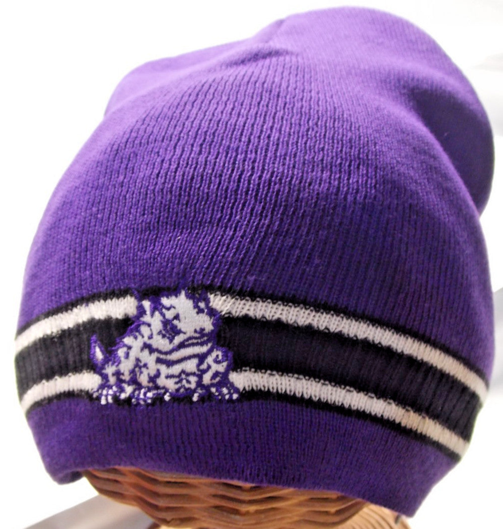 NCAA TCU Embroidered Logo on Purple Knit Beanie Hat by Collegiate Headwear