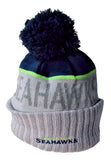 NFL Dark Gray Name Seattle Seahawks on Gray Knit Beanie Hat Adult Pompom Blue