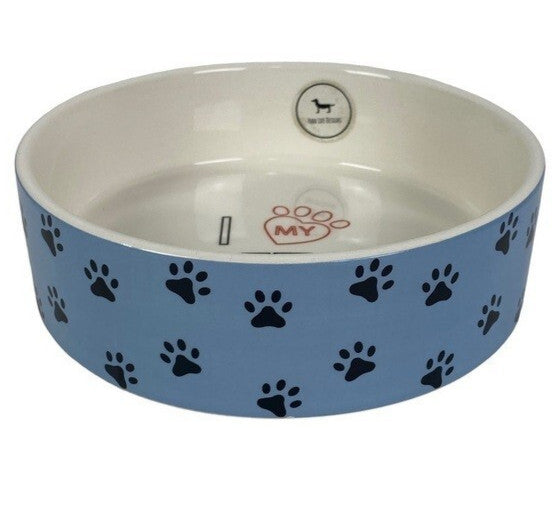 Park Life Designs Black Paw on Blue Prints 6.5" Pet Bowl "I Love My Pet" Inside
