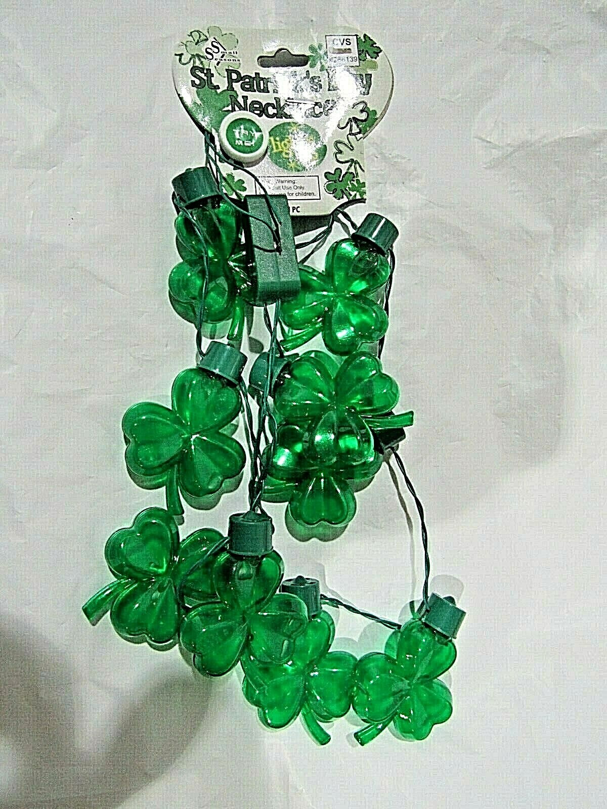 St. Patrick's Day Green Light Up Shamrock Necklace 9 Shamrocks 2" Diameter