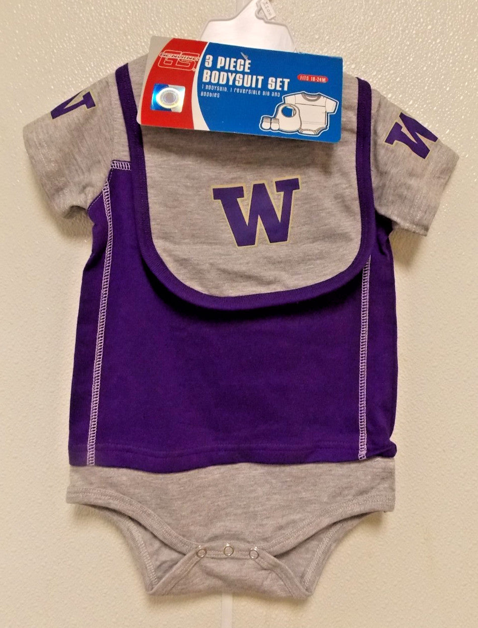 NCAA Washington Huskies Logo Bodysuit Bib Bootie Set Size 18-24 M by OUTER Stuff