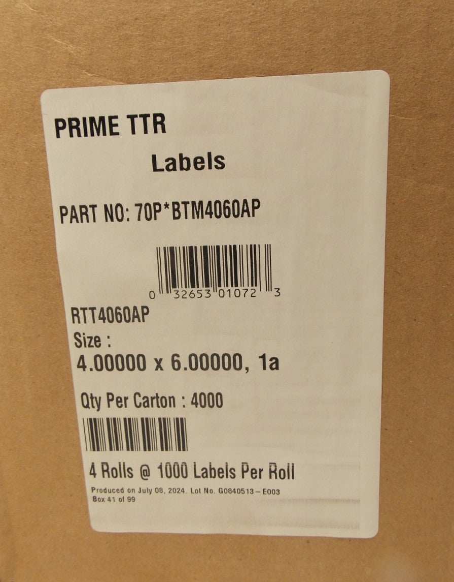 Thermal Transfer 4x6 Labels on 3" Core 4 Rolls Total with a of 4000 Labels