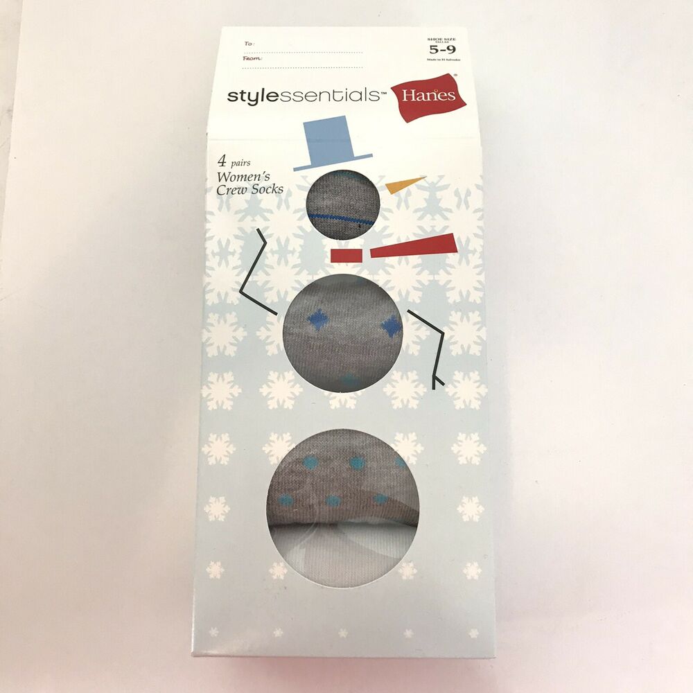 Hanes Women Crew Socks 4 Pair Gray Blue Printed White Shoe 5-9