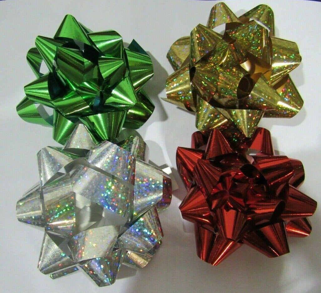 Lot of 48 Metallic 3.5″ Gift Bow Silver & Gold Sparkle Solid Red Green