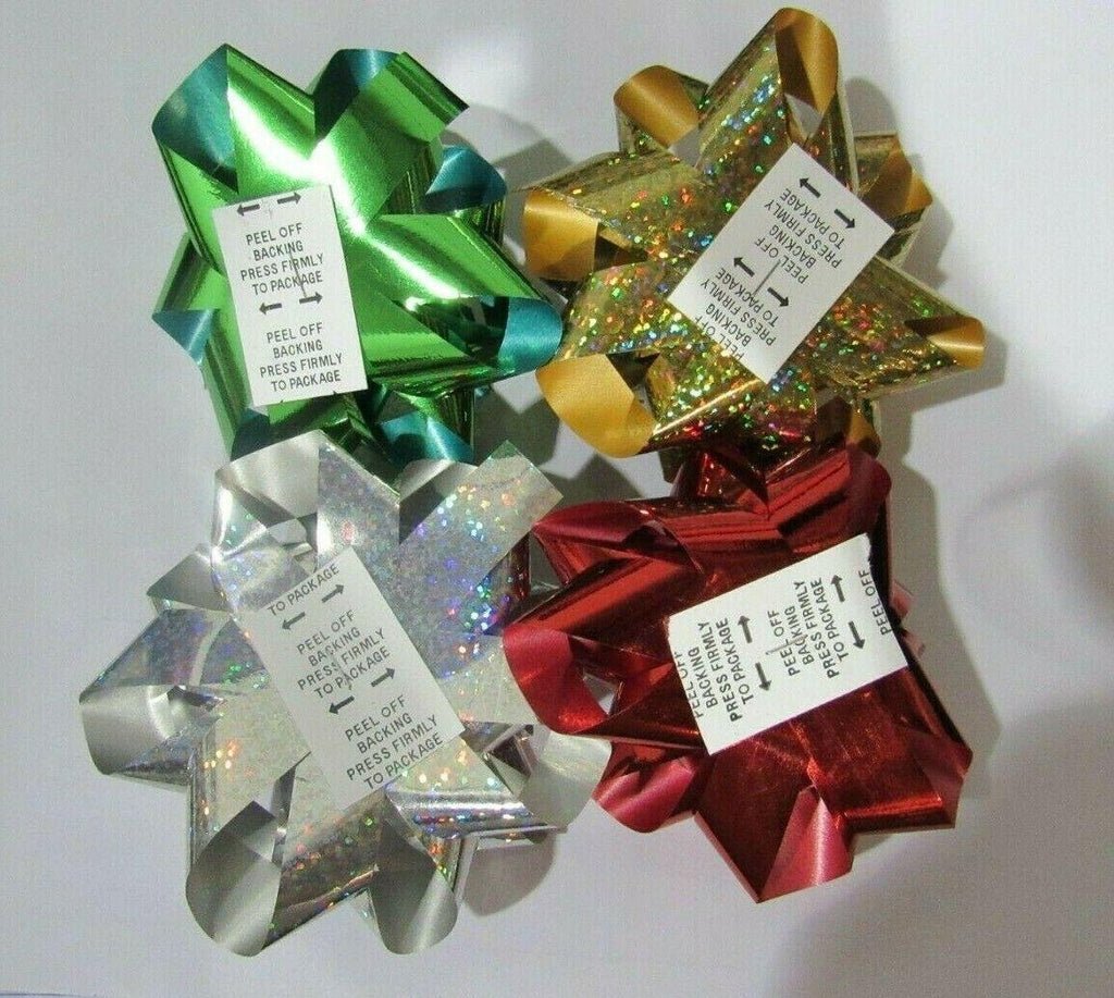 Lot of 48 Metallic 3.5″ Gift Bow Silver & Gold Sparkle Solid Red Green
