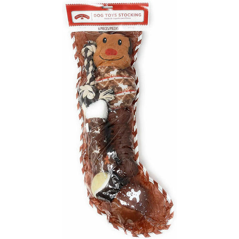 Brown Dog Toy Stocking 2 Plush Toys 2 Balls 1 Rope 1 Squeak Toy Holiday Time