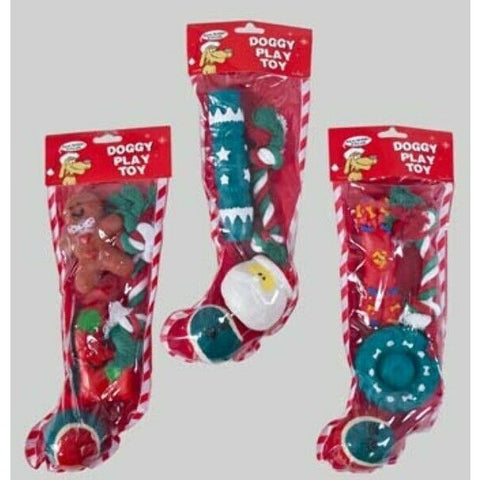 RANDOM Red Doggy Play Toy Stocking Toys 1 Balls 1 Rope 2 Plastic Squeak Toy