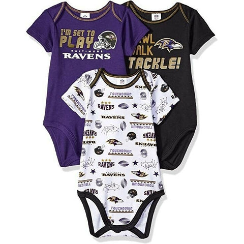 NFL Baltimore Ravens Pack of 3 Infant Bodysuit "I'M SET TO PLAY" 6-12M