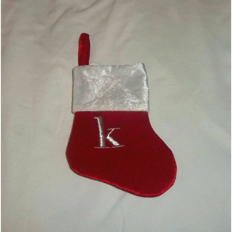 Monogram Lower Case Letter k on Red Christmas Stocking 8" X 6" White