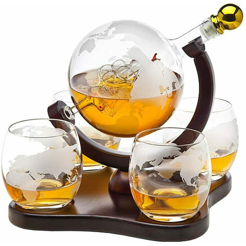 Whiskey Decanter Globe w/Ship Set with 4 Etched Globe Whisky Glasses 850ml