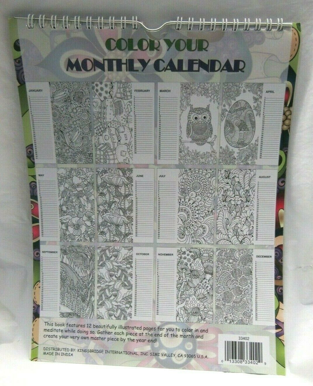 Grown Up Adult Coloring Book Monthly Calendar Calming art Therapy 12 Pages