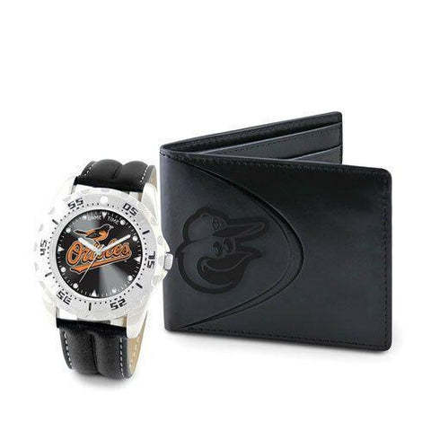 MLB Baltimore Orioles Leather Men's Black Watch and Leather Wallet Set by Game Time