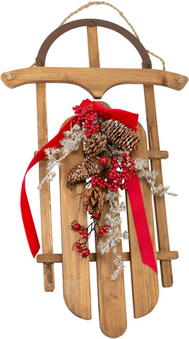 Sleigh w/ Holiday Floral Natural Brown 27 x 16 Wood Christmas Wall Sculpture Transpac