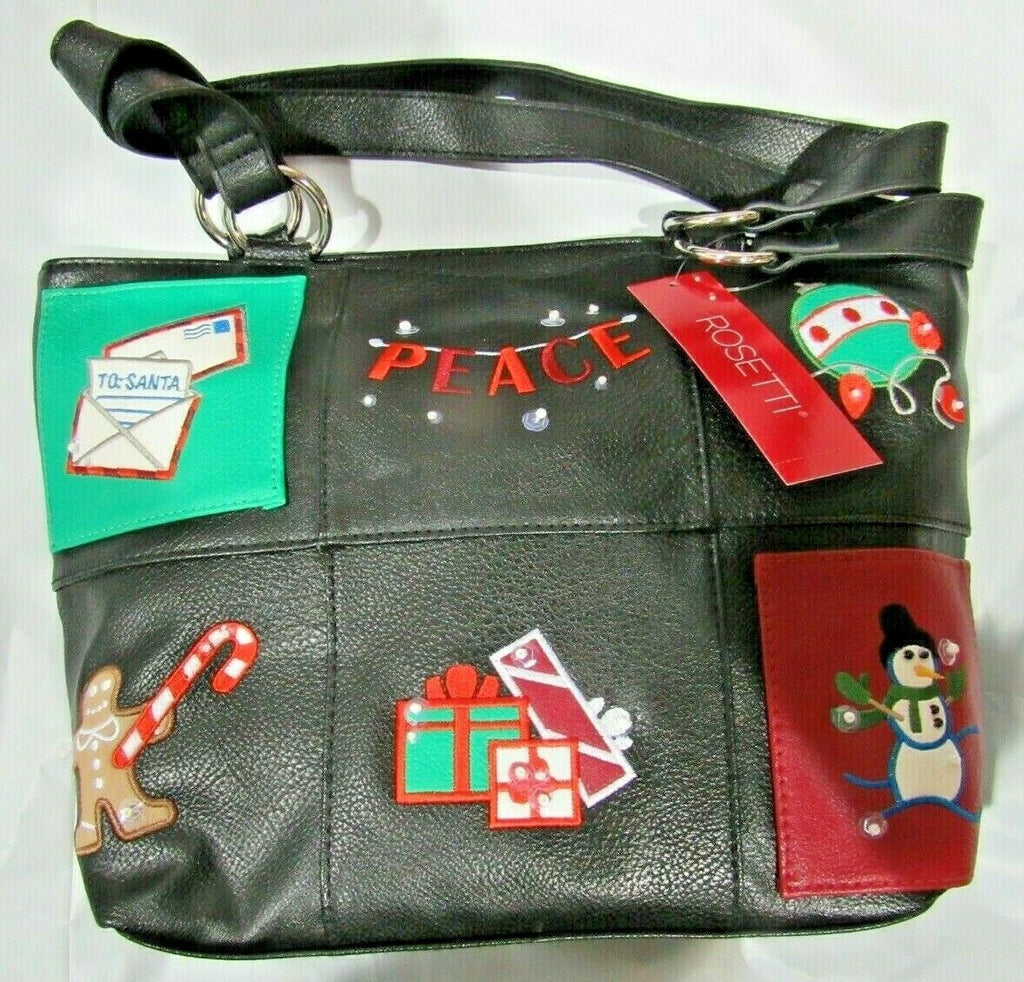 Rosetti Black PEACE Embellished Embroidered Christmas Holiday Party Tote