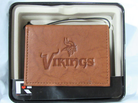 NFL Minnesota Vikings Logo Over Name Embossed TriFold Leather Wallet With Gift