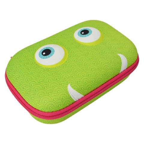 Zipit Beast Pencil / Storage Box Case Green Face Blue Eyes Pink Zipper