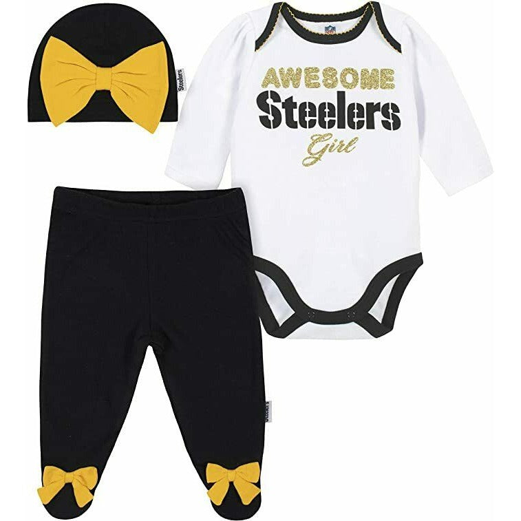 NFL Pittsburgh Steelers Bodysuit Footed Pants Cap Set Size 0-3 Month Gerber
