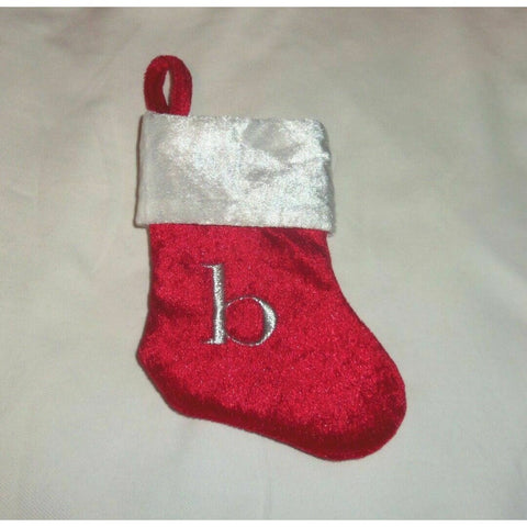 Monogram Lower Case Letter b on Red Christmas Stocking 8" X 6" White